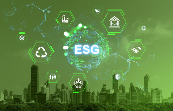 ESG sustainability concept over modern Bangkok cityscape with green digital icons and ecological symbols in futuristic style.