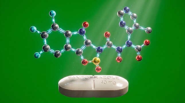 3D pantoprazole molecule structure on medication tablet. Medical science visualization of proton pump inhibitor drug composition.