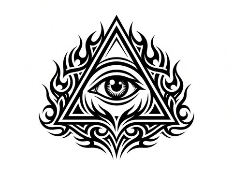 Mystical Eye of Providence in Triangle, Tribal Tattoo Style All Seeing Eye with Flames, Esoteric Masonic Symbol Illustration
