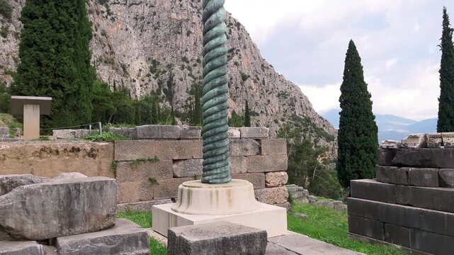 Serpent Column Replica at Ancient Sanctuary of Apollo in Delphi Greece - commemorates the Greek victory at the Battle of Plataea against the Persian empire.. 