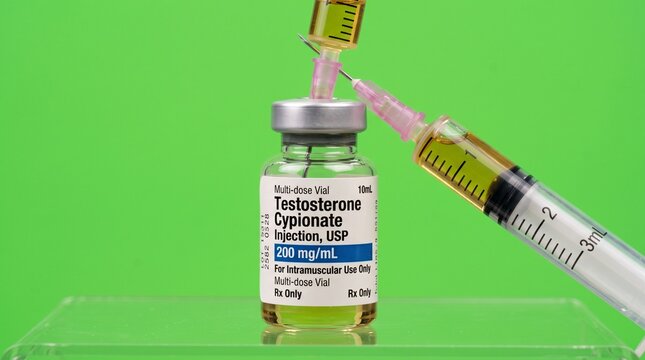 Testosterone vial with syringe. Medical hormone replacement therapy injection equipment.