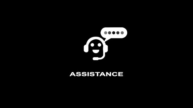 White icon of a smiling robot head with headphones and microphone and a speech bubble with dots above it with the word ASISTANCE below it on a black background