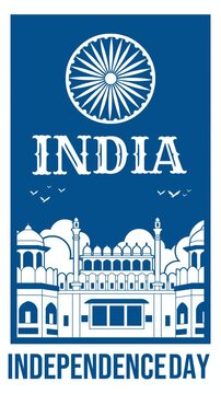 Vertical India Independence Day loop video, featuring a monochromatic blue Red Fort silhouette, clouds, flying birds, and a spinning Ashoka Chakra with text for mobile stories.