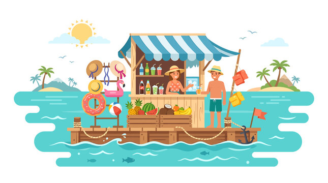 A colorful illustration of a floating tropical beach bar with a bartender and customer.