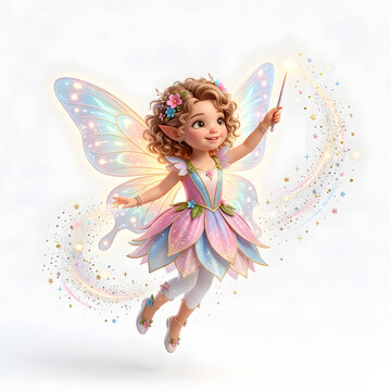 Cute little magical fairy girl flying with glowing wand and colorful wings.