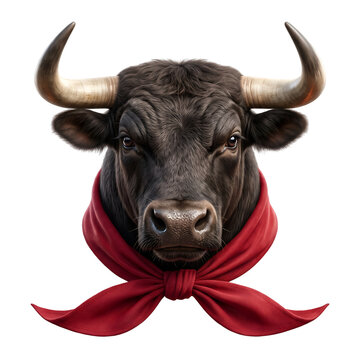 Realistic 3D render of a powerful Spanish San Ferm&iacute;n bull head wearing a red scarf, isolated on transparent background