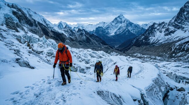 Mountaineers Ascend Snowy Mountain Peak in Dramatic Winter Landscape.