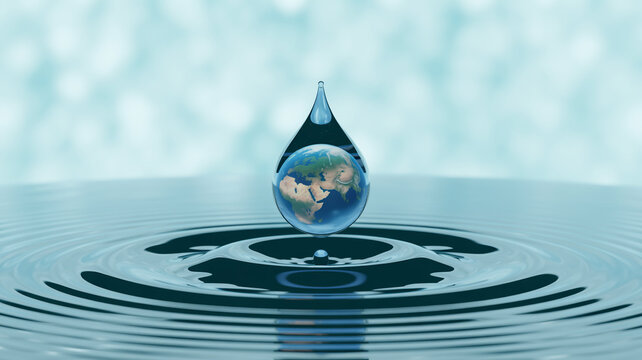 Earth planet inside a water drop falling into the ocean