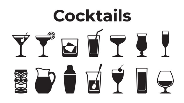 Cocktail icons set in black silhouette style, alcoholic drink glassware and bar equipment collection, 14 vector beverage symbols for bar menus