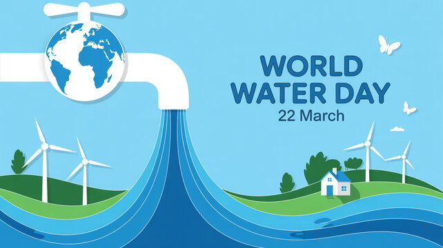 World water day poster with globe and flowing water tap