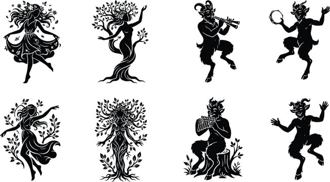 Collection of mythical nature spirit silhouettes featuring forest nymphs, dryads, and dancing fauns with musical instruments