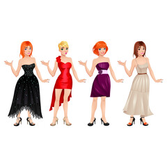 Set of beautiful women in elegant evening and prom dresses vector illustration © malsha
