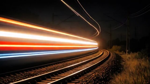 A blurry of a train moving swiftly along curved tracks during twilight. The background features silhouetted power lines and the fading colors of an evening sky.