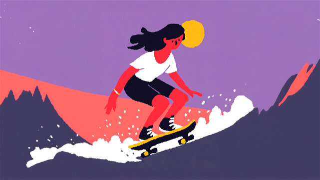 Skateboarding girl digital illustration vibrant colors abstract landscape active lifestyle modern graphic