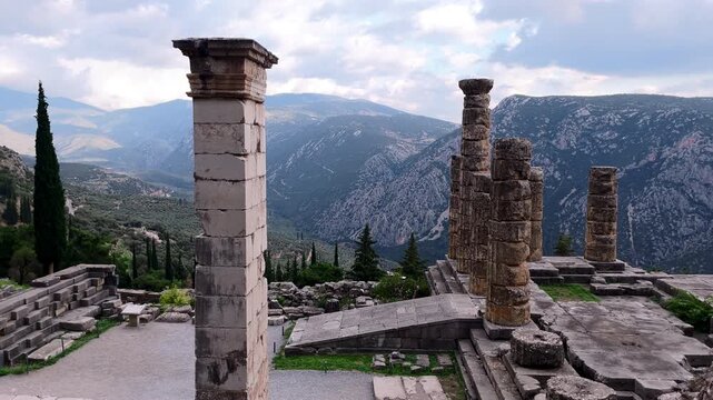 Wide Shot of Archaeological Site of Delphi and Mount Parnassus Valley