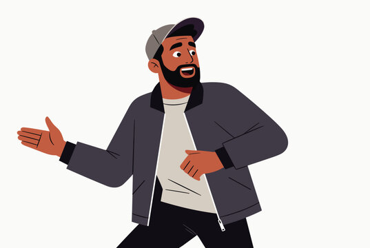 Surprised bearded man in a baseball cap and jacket gesturing with his hand and looking towards something unexpected.