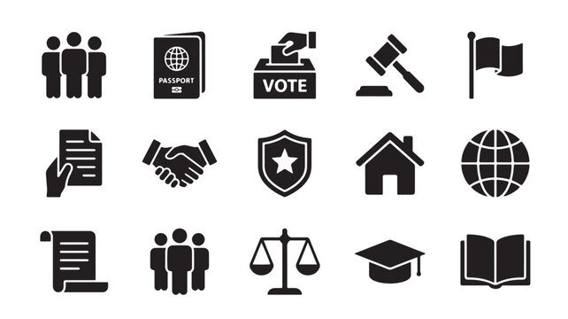 Government and law icon set, 15 black solid vector symbols for politics and justice, voting and legal system graphics for infographics