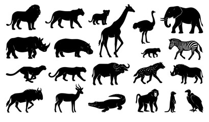 African Wildlife Silhouette Collection with Lions Giraffe Ostrich and Safari Animals Vector Set © creative Madara 