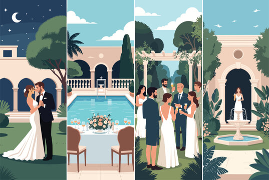 Collage of elegant wedding celebration moments shows a couple dancing, formal dinner, guests drinking, and bride by a fountain.