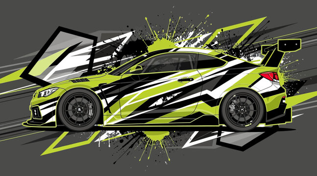 Aggressive sport car wrap with lime green shard elements.