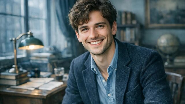 Smiling young adult male with curly hair and blue shirt sitting at desk