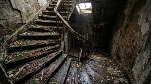 Spiral Wooden Staircase Winding Through An Old Abandoned Building