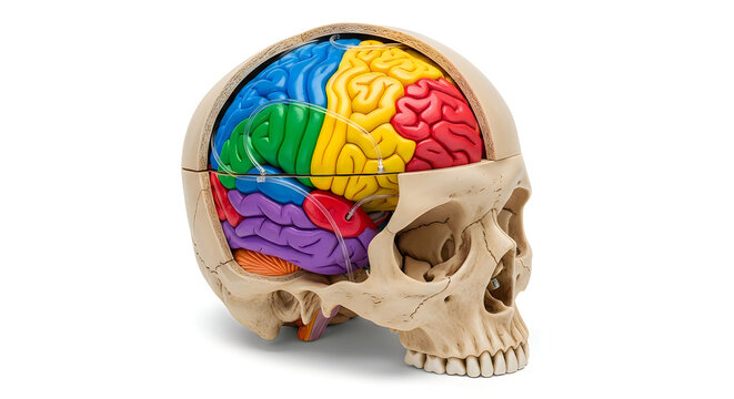 Colorful brain anatomy illustration inside human skull