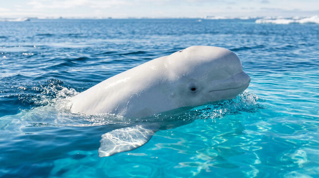 White Beluga Whale Surfacing in Clear Blue Arctic Ocean Water with Icebergs and Glaciers in the Background