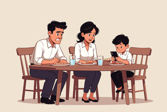 Concerned parents looking at their young son who is distracted by a smartphone during a family meal at the table.