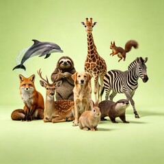Obraz premium Worldwide Animal Collection Giraffe Flamingo Bear Fox Kangaroo Dolphin on Green Background 