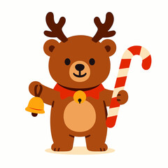 Fototapeta premium Cute Christmas Teddy Bear Character Wearing Reindeer Antlers Holding Striped Candy Cane Yellow Jingle Bell Festive Winter Holiday New Year Celebration Graphic Element 