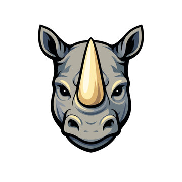 Fierce Powerful Rhinoceros Head Mascot Vector Illustration Featuring Aggressive Grey Rhino Face With Sharp Central Yellow Horn Endangered Exotic Wild Animal Front View Sport Team Emblem Graphic Design