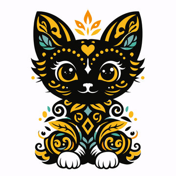 Cute Adorable Black Kitten Character Decorated With Golden Yellow Floral Ornaments And Teal Heart Detail Wearing A Tiny Crown Sitting Playfully Creative Pop Art Animal Mascot Illustration

