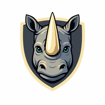 Rhinoceros Shield Emblem Featuring Powerful Grey Rhino Head Mascot With Large Yellow Horn Facing Front Over Defensive Badge Corporate Sport Team Guard Symbol Graphic Design
