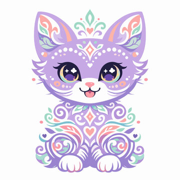 Cute Adorable Purple Kitten Character Decorated With Soft Pastel Floral Tribal Ornaments Sitting Playfully Creative Pop Art Magical Mystic Animal Mascot Illustration
