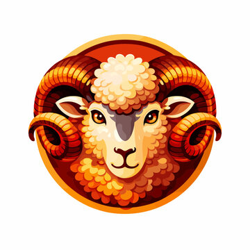 Aries Zodiac Sign Emblem Featuring Detailed Ram Head Mascot With Large Curved Horns Inside Circular Badge Creative Astrological Horoscope Constellation Element Graphic Illustration
