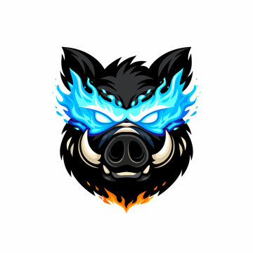 Fierce Aggressive Wild Boar Head Mascot Vector Illustration Featuring Angry Black Hog With Sharp Curved White Tusks Enveloped In Exploding Blue Fire Eye Flames Corporate Sport Team Emblem Graphic Desi