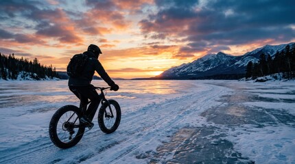 Obraz premium Silhouette of a person riding a fat bike on a frozen lake at sunset.