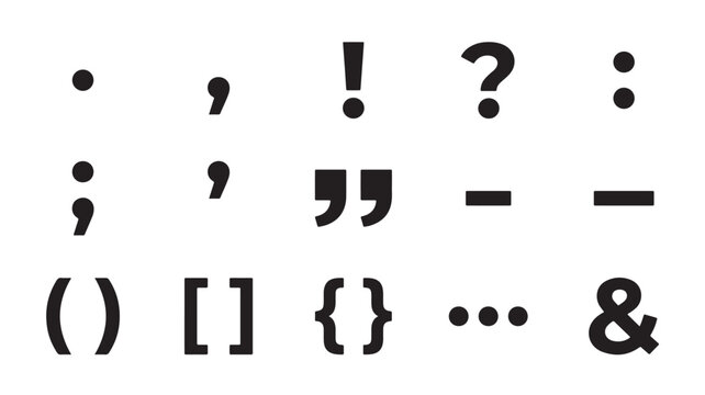 Punctuation marks and grammar symbols set, black typographic icons on white background, 15 vector elements for writing and editing design