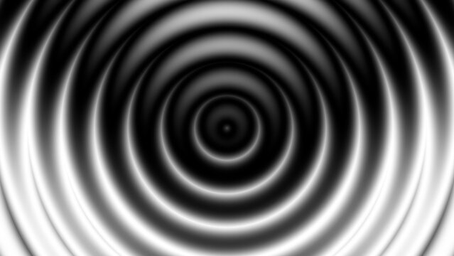 Hypnotic black and white concentric ripples, abstract liquid metal wave background, monochromatic circular motion pattern for modern graphic design