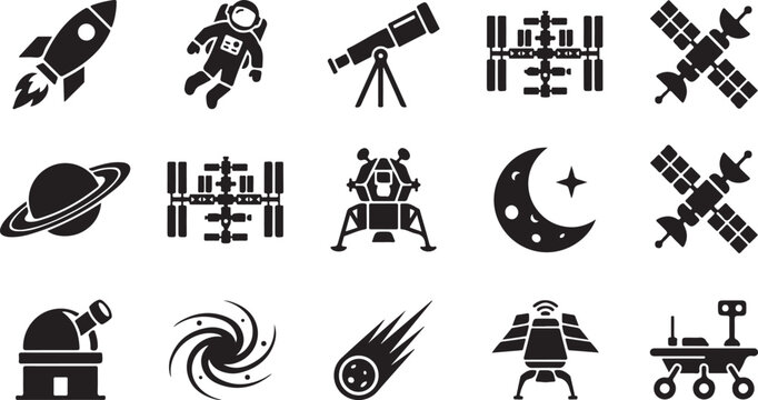 Professional vector illustration set featuring black flat icons of space travel exploration rocket telescope planet moon and cosmic equipment elements