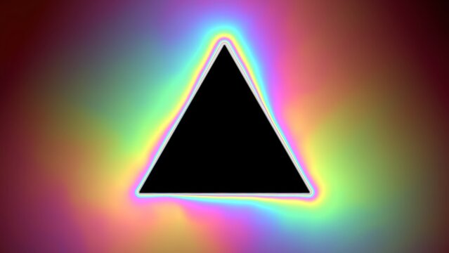 Abstract black triangle with vibrant rainbow aura, glowing geometric shape on colorful gradient background, psychedelic neon prism art