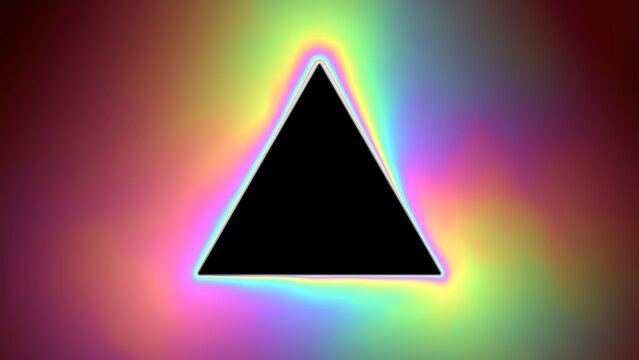 Abstract black triangle with rainbow aura, vibrant neon geometric shape on colorful gradient background, psychedelic light effect illustration