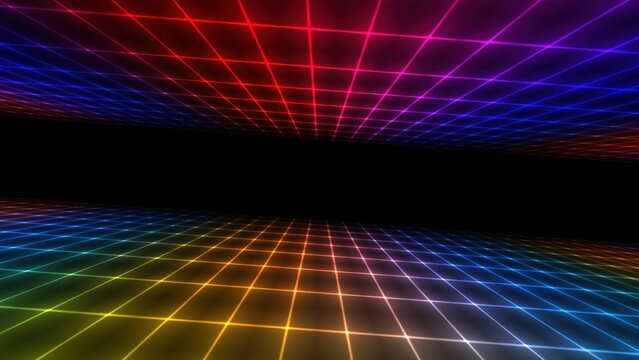 Retro synthwave neon grid background, futuristic rainbow laser wireframe landscape, 80s style glowing digital perspective floor and ceiling