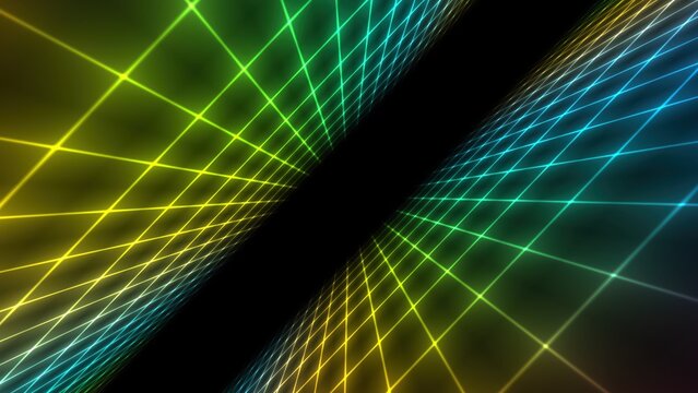Retro synthwave neon grid background, futuristic glowing laser lines in perspective, abstract 80s style digital landscape for gaming and tech