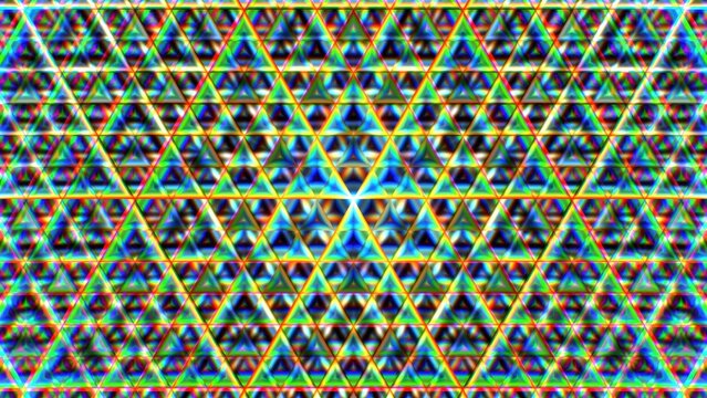 Psychedelic geometric triangle pattern, vibrant kaleidoscope mosaic background, abstract sacred geometry texture with rainbow light refraction