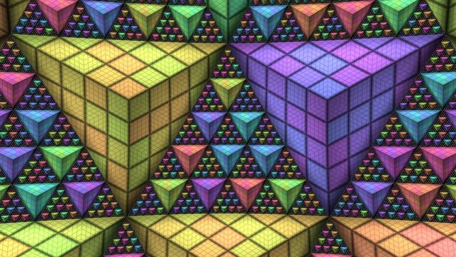 Geometric fractal pattern of colorful 3D cubes and triangles, vibrant mathematical abstract background, complex architectural mosaic texture