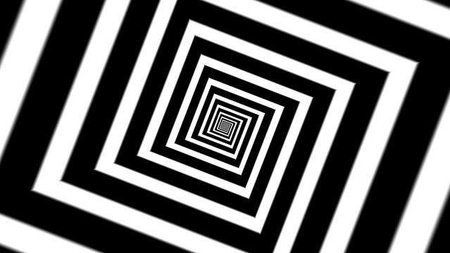 Hypnotic optical illusion spiral, black and white geometric tunnel background, psychedelic square vortex pattern for creative design