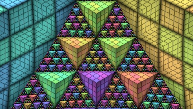 Geometric 3D cube pattern, colorful isometric triangle mosaic, abstract rainbow block texture for digital wallpaper and creative backgrounds