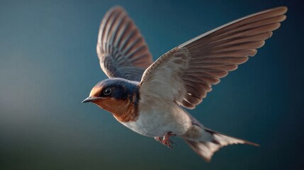 Obraz premium Barn Swallow in Flight: A detailed close-up captures a barn swallow mid-flight, its wings spread wide against a soft, blurred background.